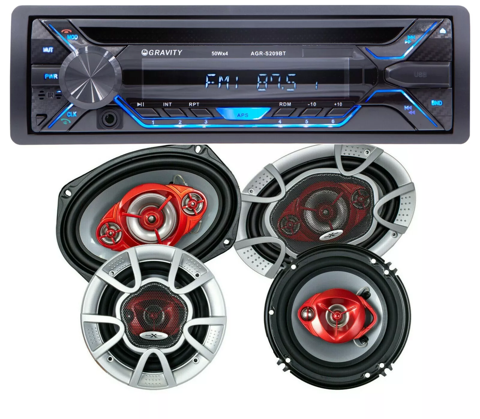 Gravity Car CD Player w/ Bluetooth AM FM USB SD + Soundxtreme 6.5 & 6X9 Speaker