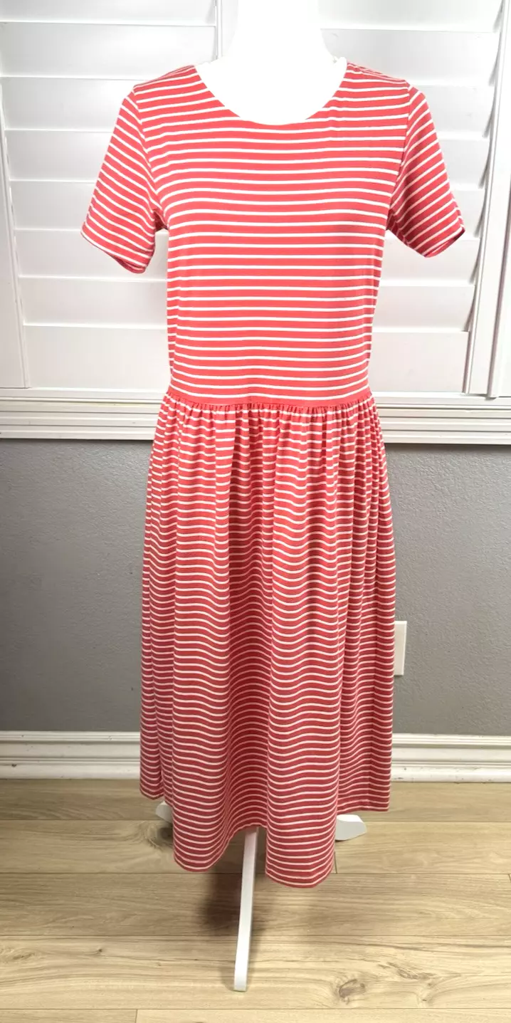 Amour Vert Women’s Preppy, Comfy Midi Cotton Dress White/Red Stripe Sm NWOT