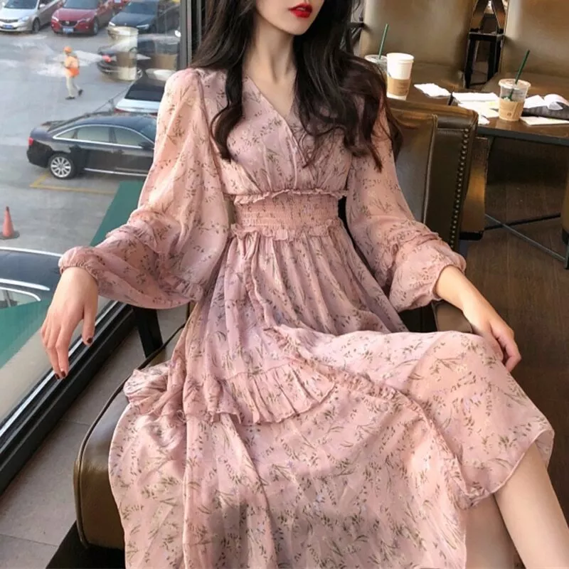 Clothing Dress Print Korean Style Fashion New Long Sleeve Autumn Chiffon Pink