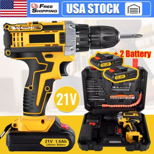 21V Cordless Hammer Drill Set Electric Impact Driver Screwdriver with 2 Battery